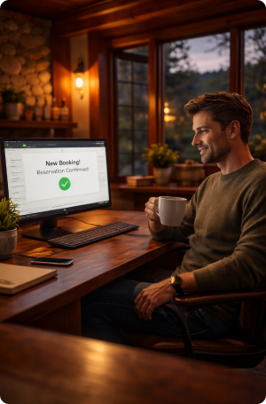 Relaxed man in cozy cabin office