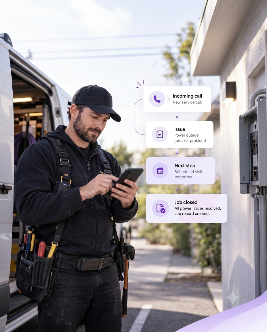 An electrician checking a phone beside his van, with the incoming call, the reported issue, the scheduled visit and the closed job record shown as steps alongside.