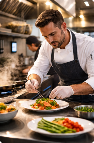 Chef plating salmon in bustling kitchen