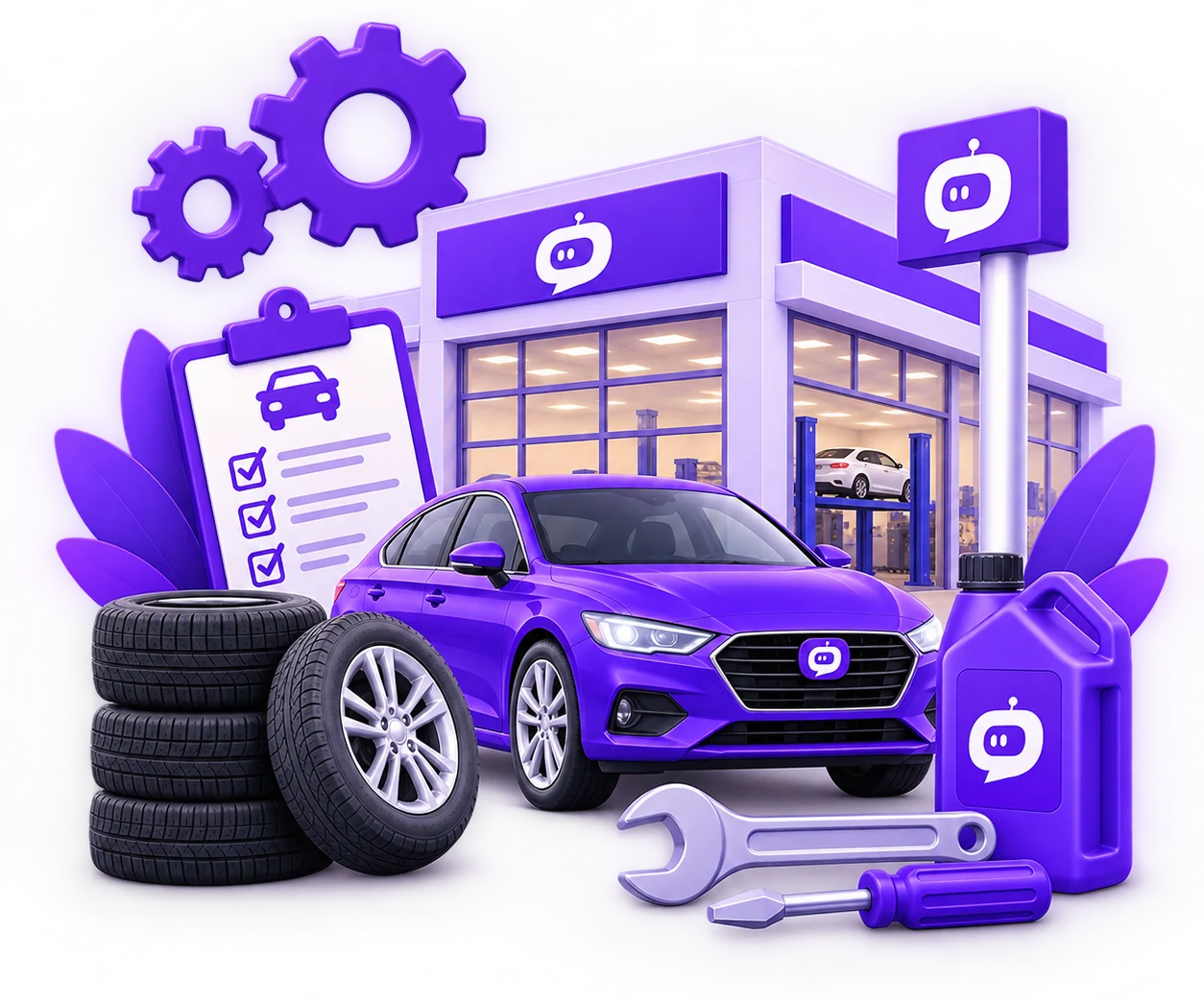 A dealership with Rexpt branding behind a purple car, stacked tyres, a service checklist, gears, a wrench and a bottle of oil.
