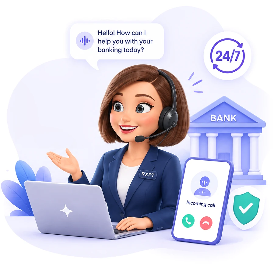 An AI receptionist wearing a headset greets a banking caller, beside a bank building, an incoming call on a phone and a security shield.