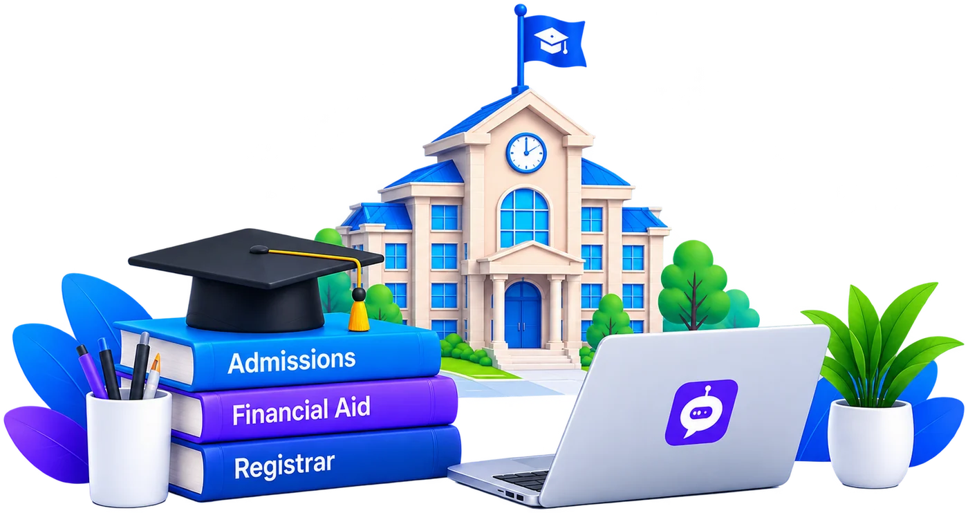 A campus building beside books labelled Admissions, Financial Aid and Registrar, and a laptop showing the Rexpt assistant.