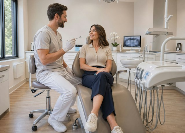 Dentist talking with a patient in a dental office