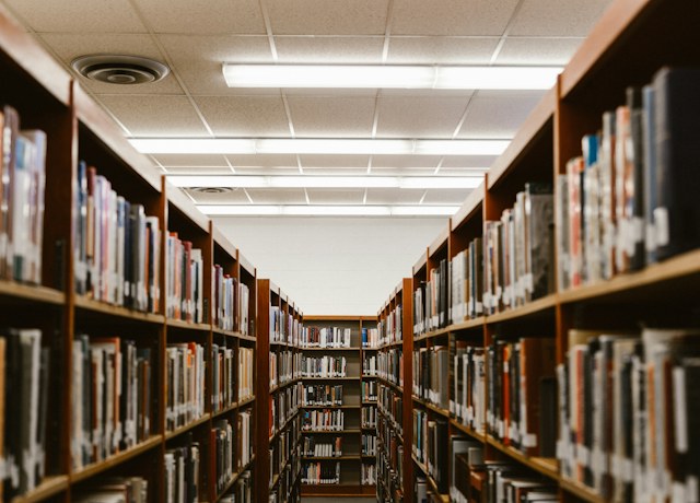 Rows of shelves in a university library