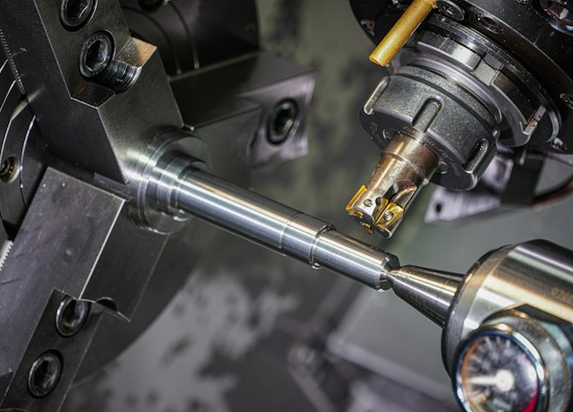 Metal part being machined on a lathe