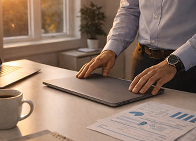 A professional at a desk with a laptop and printed reports