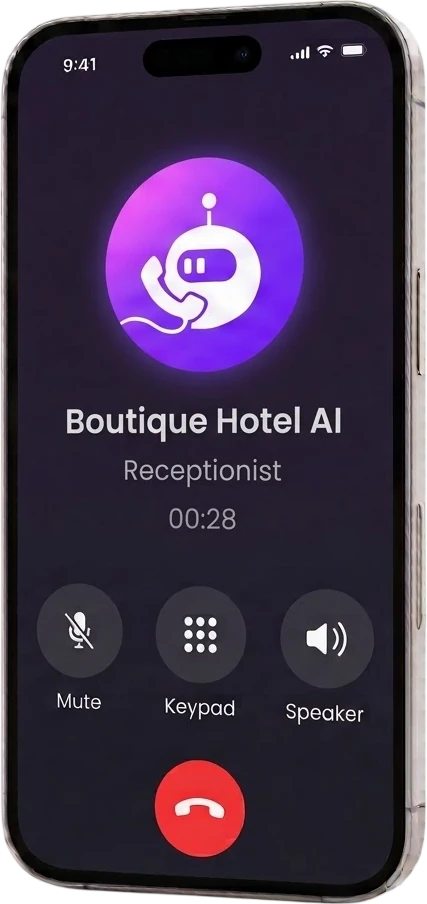 A phone showing a guest call being answered by the Rexpt AI receptionist for a boutique hotel.