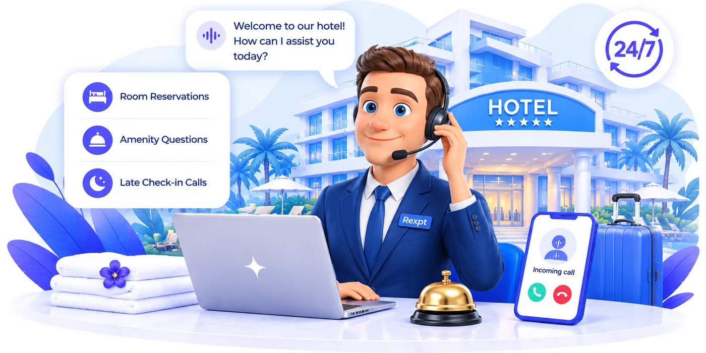 A Rexpt concierge in a headset at a hotel front desk, handling room reservations, amenity questions and late check-in calls around the clock while an incoming call rings.