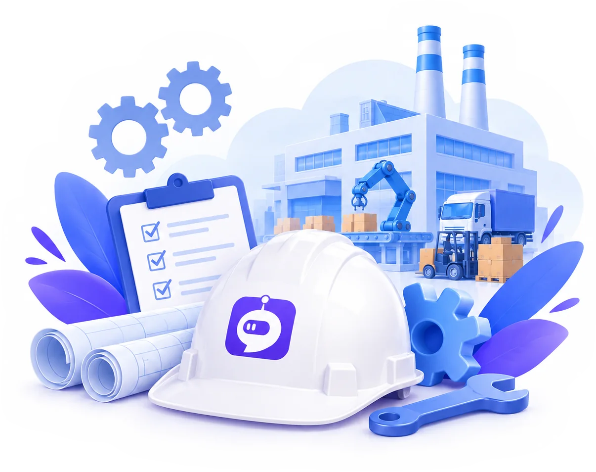 A white hard hat with the Rexpt mark in front of a factory with a robotic arm, a delivery truck and a forklift, beside a checklist, blueprints, gears and a wrench.
