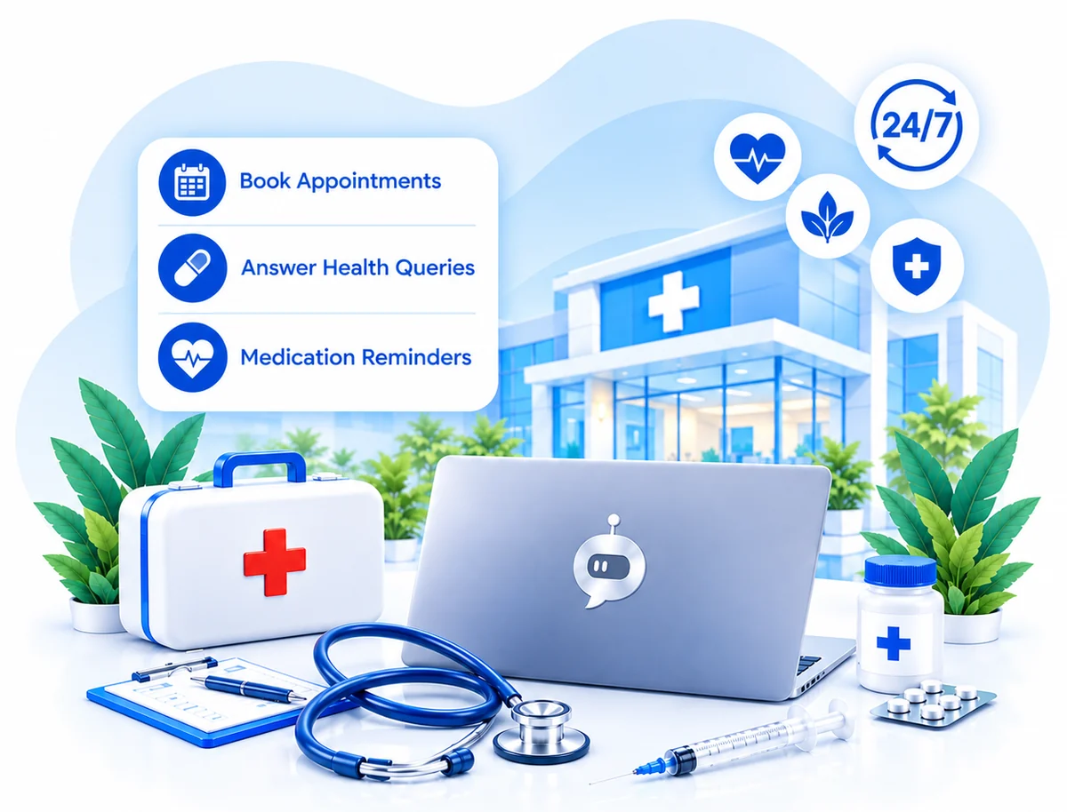 A clinic with a laptop running the Rexpt assistant beside a first-aid kit, stethoscope and medication, handling appointment bookings, health queries and medication reminders around the clock.