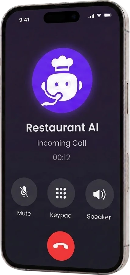 A phone showing an incoming restaurant call being answered by the Rexpt AI receptionist, on a table in a busy dining room.