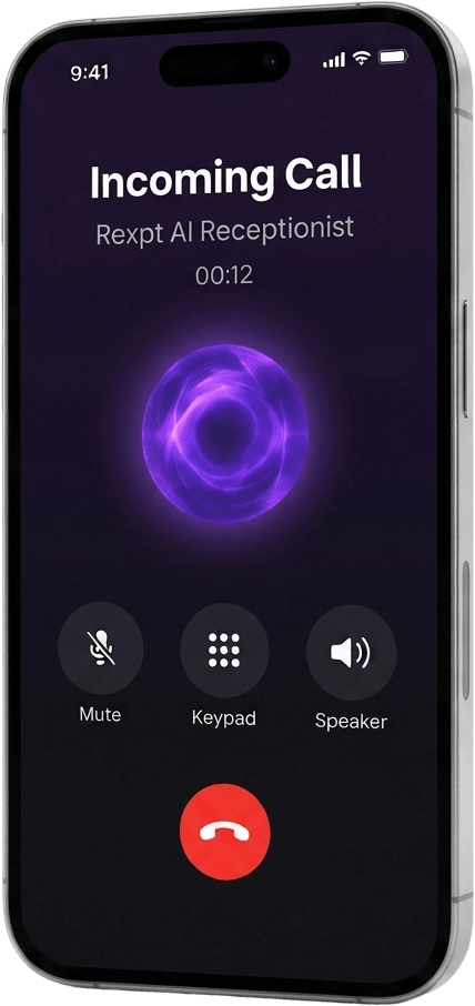 A phone showing an incoming call answered by the Rexpt AI receptionist.