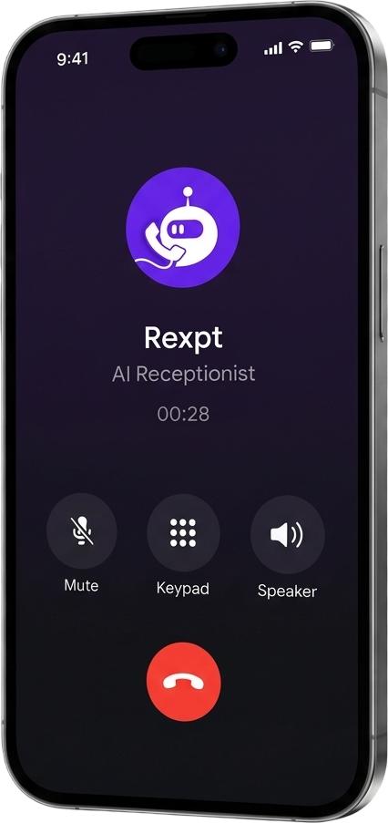 A phone showing a live call with the Rexpt AI receptionist.