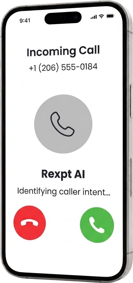 A phone showing an incoming call while Rexpt identifies the caller's intent.