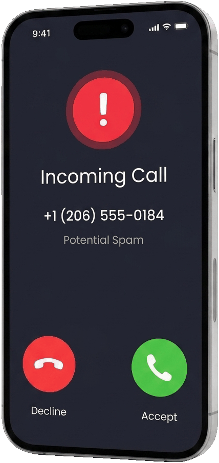 A phone showing an inbound call flagged as potential spam.